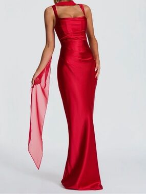 Elegant Red Satin Maxi Dress with Sheer Scarf